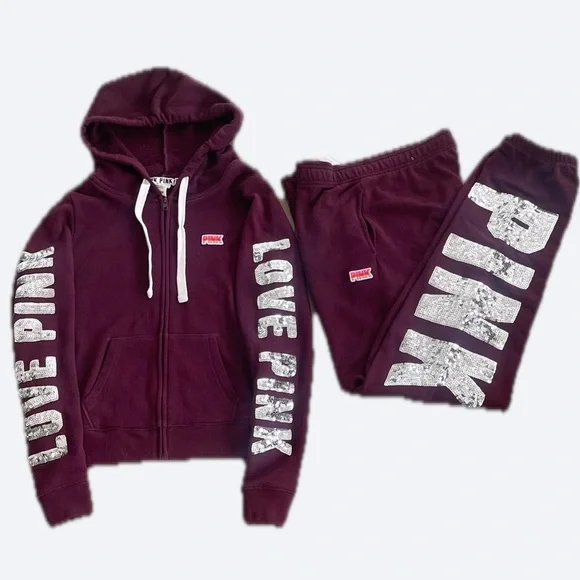 Pink Maroon Hoodie & Sweatpants Set - 'Love Pink’ With Sequence & Logo, Small/Xs - Picture 14 of 14